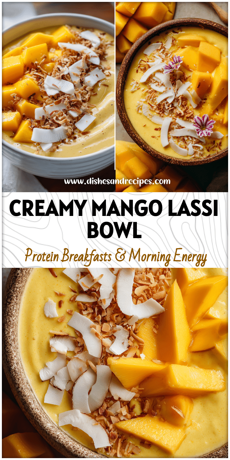 Paleo Mango Lassi Smoothie Bowl decorated with fresh mango slices and toasted coconut.